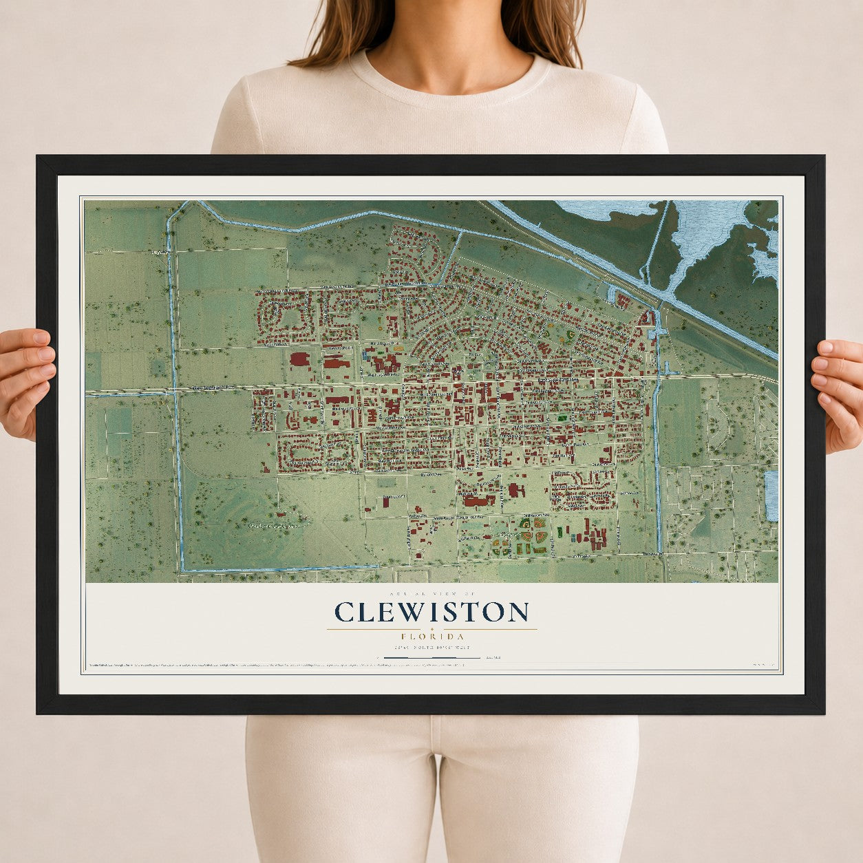 Clewiston, Florida map print, 18" x 24" W/ Black Ayous Wood Frame mockup