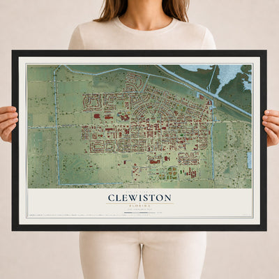 Clewiston, Florida map print, 18" x 24" W/ Black Ayous Wood Frame mockup