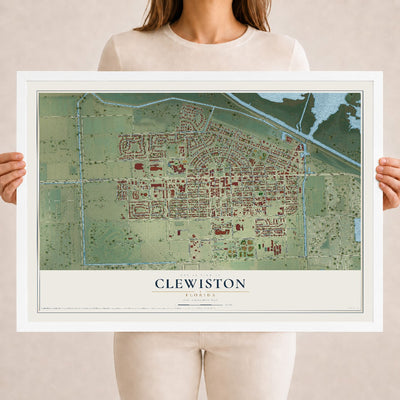 Clewiston, Florida map print, 18" x 24" W/ White Ayous Wood Frame mockup