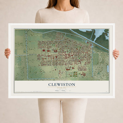 Clewiston, Florida map print, 24" x 36" W/ White Ayous Wood Frame mockup