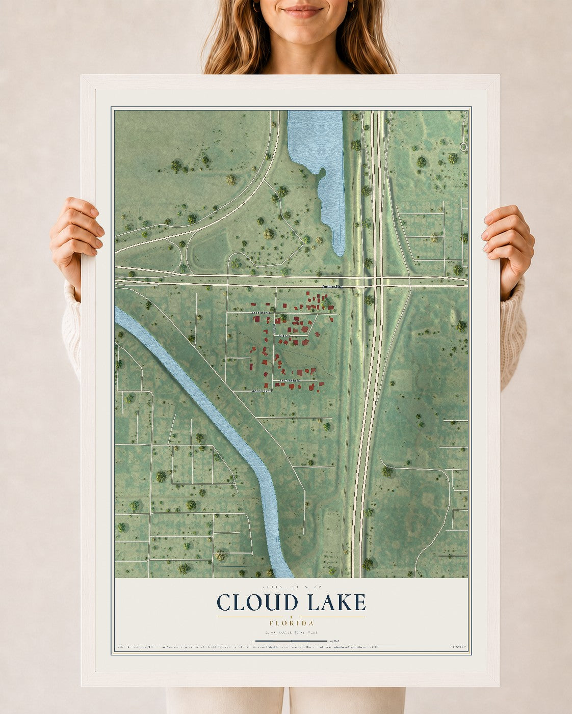 Cloud Lake, Florida map print, 24" x 36" W/ White Ayous Wood Frame mockup