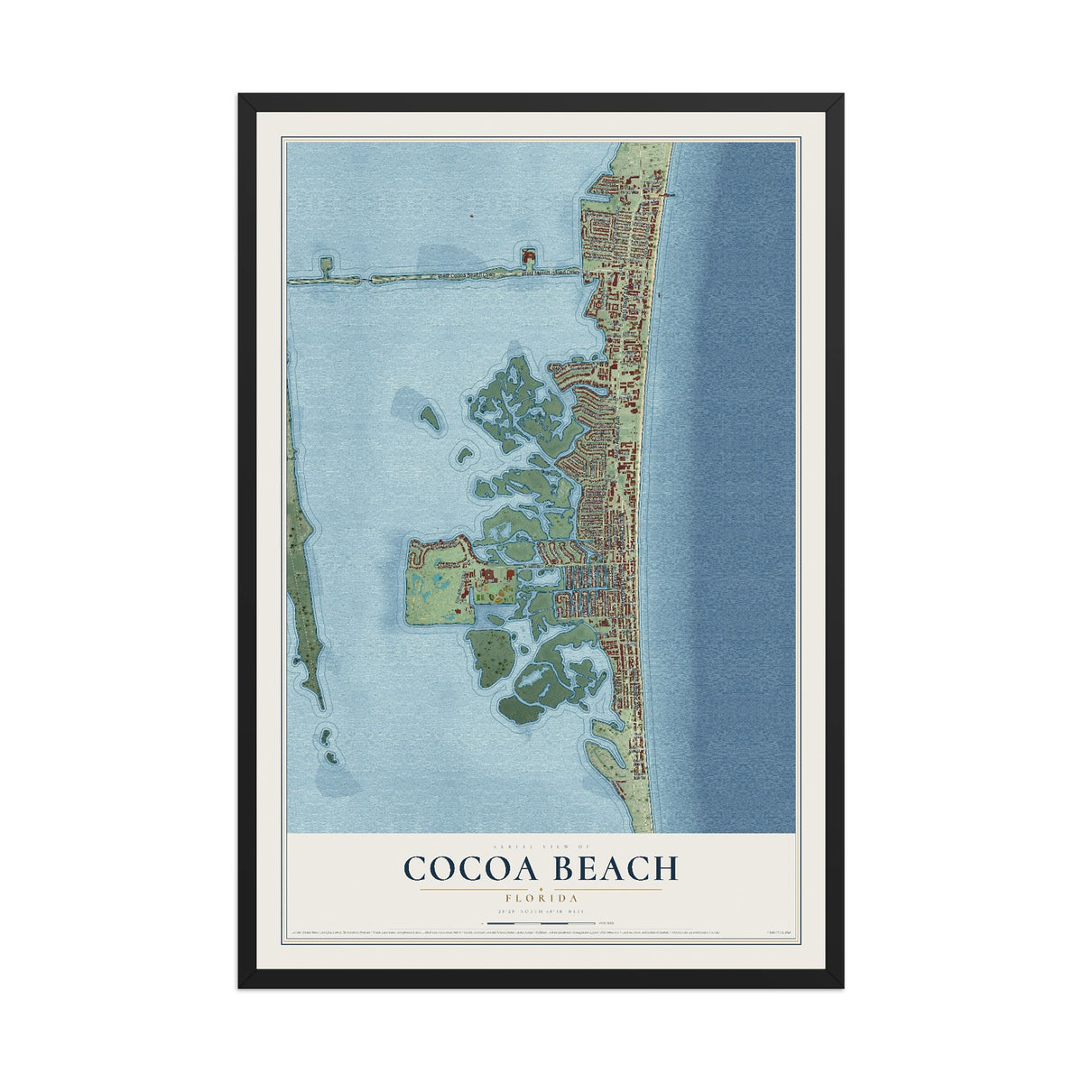 Cocoa Beach, Florida map print, 12" x 18" W/ Black Ayous Wood Frame mockup