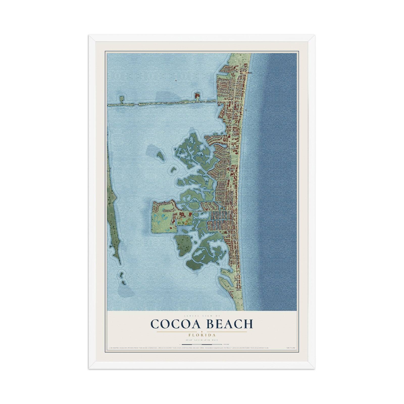 Cocoa Beach, Florida map print, 12" x 18" W/ White Ayous Wood Frame mockup