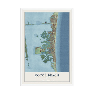 Cocoa Beach, Florida map print, 12" x 18" W/ White Ayous Wood Frame mockup