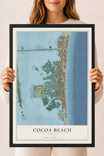 Cocoa Beach, Florida map print, 18" x 24" W/ Black Ayous Wood Frame mockup