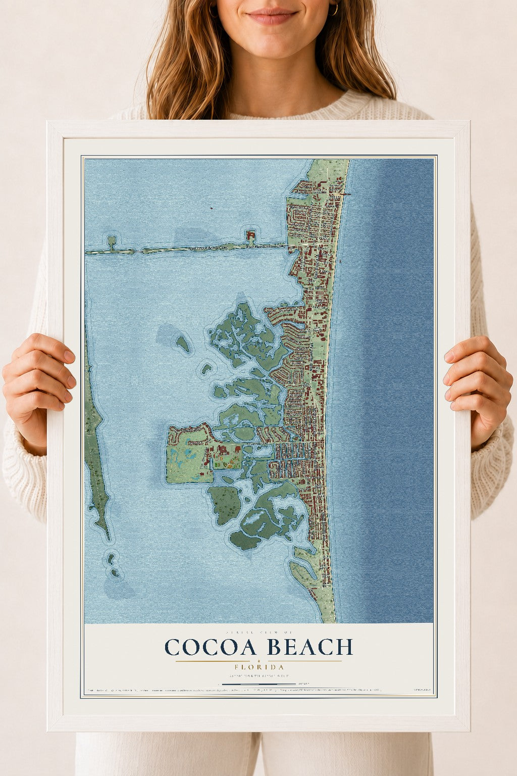 Cocoa Beach, Florida map print, 18" x 24" W/ White Ayous Wood Frame mockup