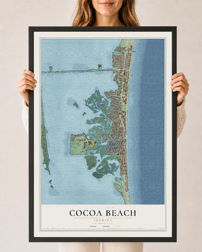 Cocoa Beach, Florida map print, 24" x 36" W/ Black Ayous Wood Frame mockup