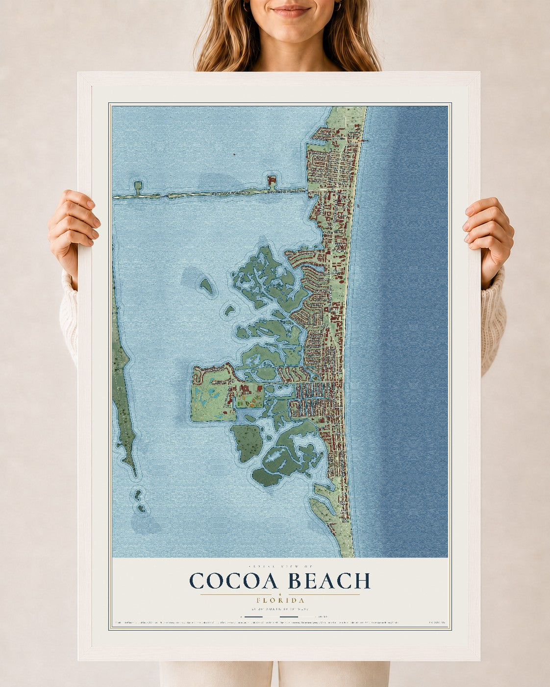 Cocoa Beach, Florida map print, 24" x 36" W/ White Ayous Wood Frame mockup