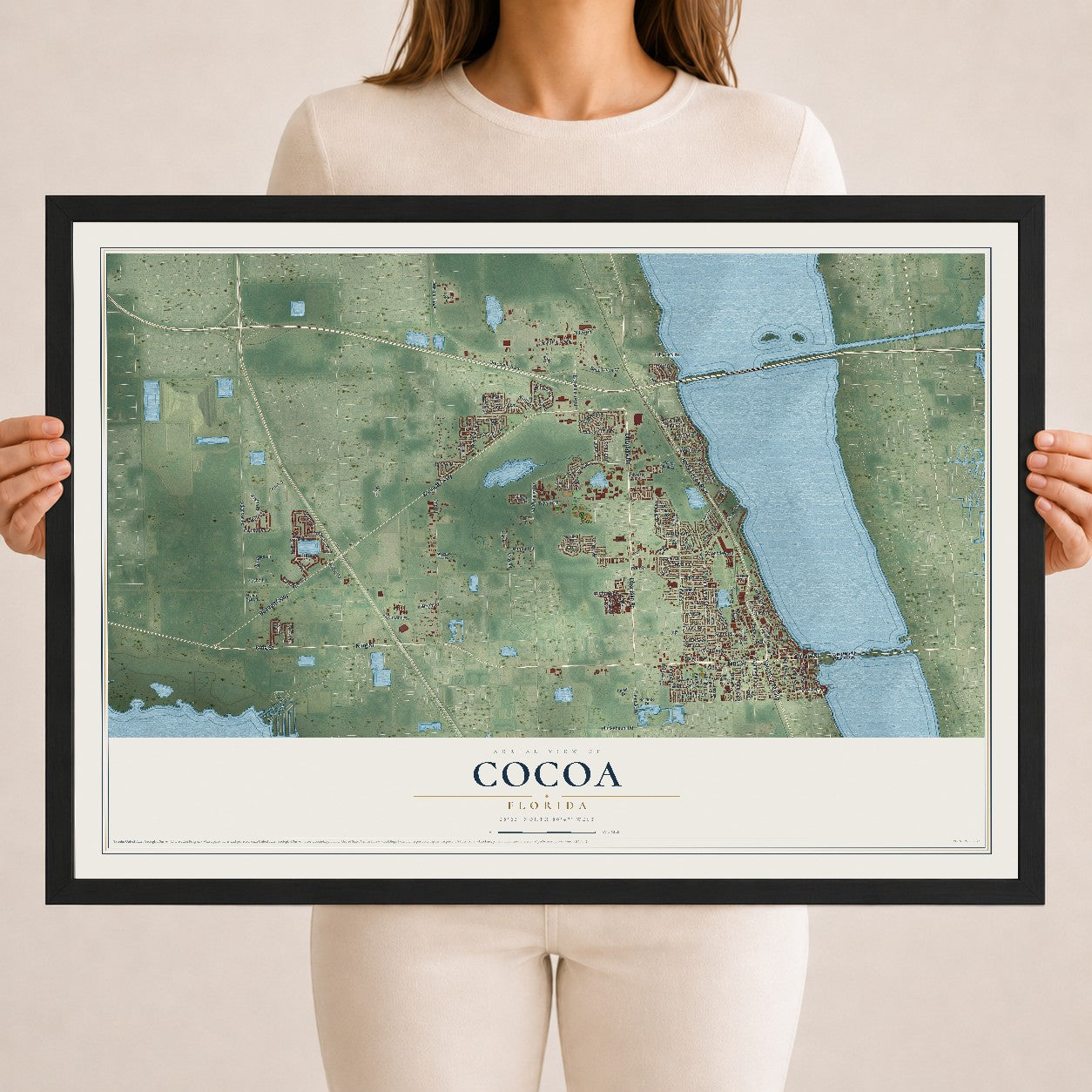 Cocoa, Florida map print, 18" x 24" W/ Black Ayous Wood Frame mockup