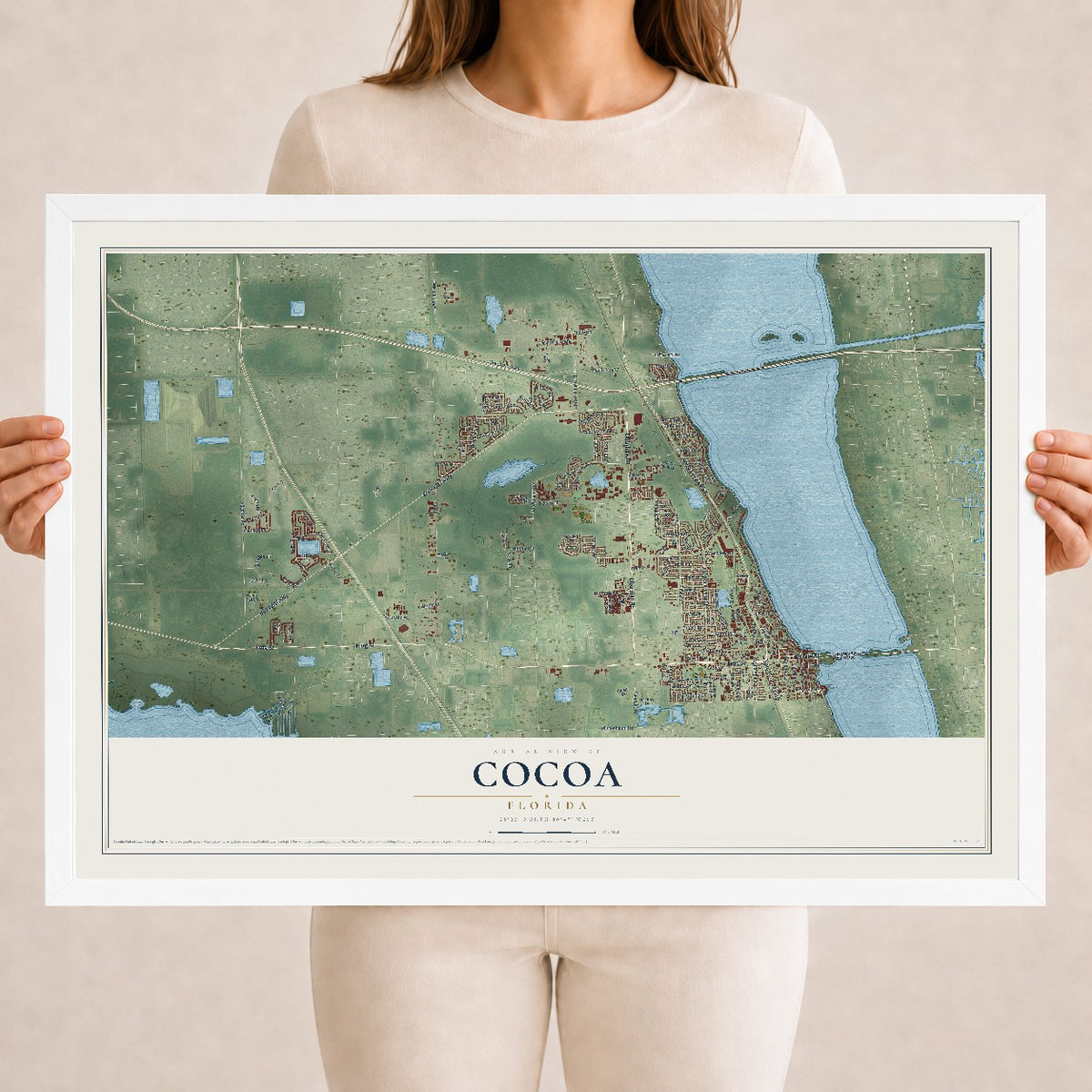 Cocoa, Florida map print, 18" x 24" W/ White Ayous Wood Frame mockup