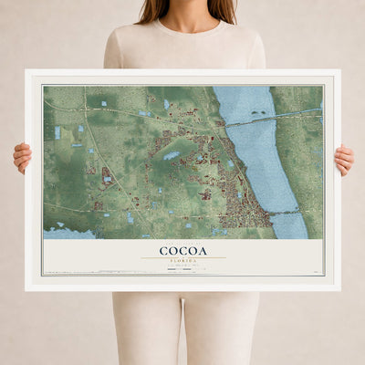 Cocoa, Florida map print, 24" x 36" W/ White Ayous Wood Frame mockup