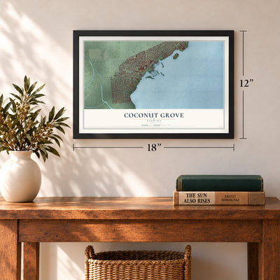 Coconut Grove, Florida map, 12 x 18 inch print in a black frame in an entryway