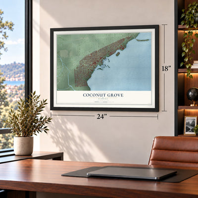 Coconut Grove, Florida map, 18 x 24 inch print in a black frame in a home office