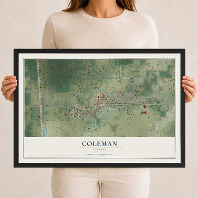 Coleman, Florida map print, 12" x 18" W/ Black Ayous Wood Frame mockup