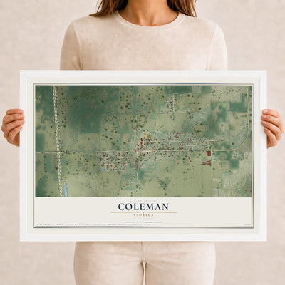 Coleman, Florida map print, 12" x 18" W/ White Ayous Wood Frame mockup