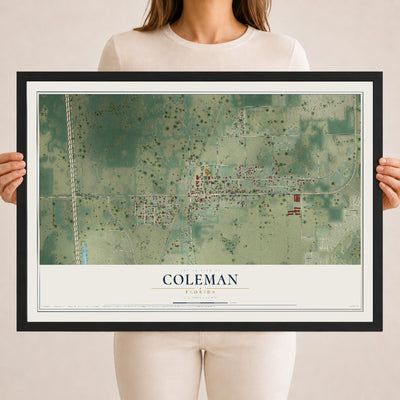 Coleman, Florida map print, 18" x 24" W/ Black Ayous Wood Frame mockup