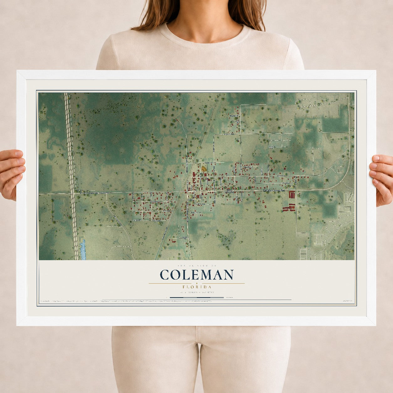 Coleman, Florida map print, 18" x 24" W/ White Ayous Wood Frame mockup