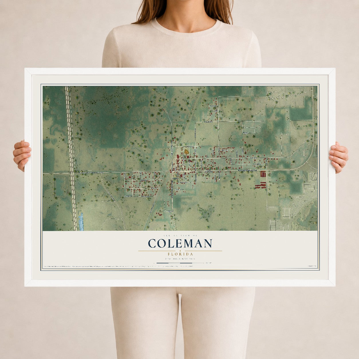 Coleman, Florida map print, 24" x 36" W/ White Ayous Wood Frame mockup