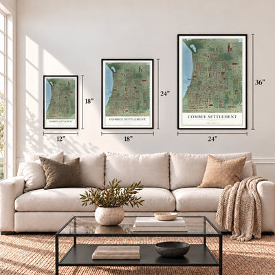 Combee Settlement, Florida map in 12 x 18, 18 x 24 and 24 x 36 inch sizes above a sofa