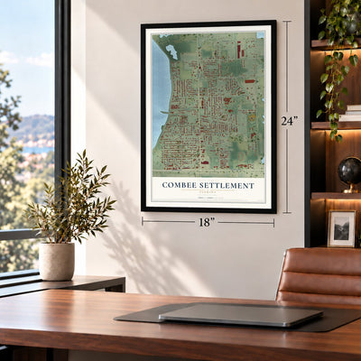 Combee Settlement, Florida map, 18 x 24 inch print in a black frame in a home office