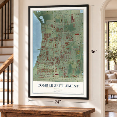Combee Settlement, Florida map, 24 x 36 inch print in a black frame by a staircase