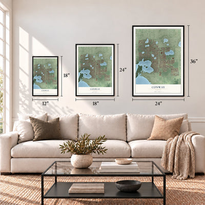 Conway, Florida map in 12 x 18, 18 x 24 and 24 x 36 inch sizes above a sofa