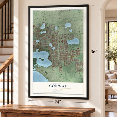 Conway, Florida map, 24 x 36 inch print in a black frame by a staircase