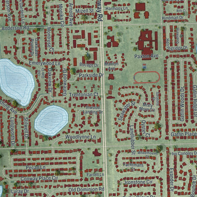 Close-up of the map of Conway, Florida print showing street and building detail