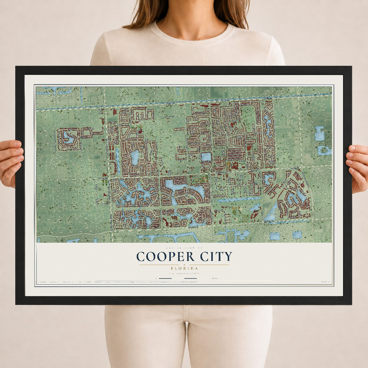 Cooper City, Florida map print, 18" x 24" W/ Black Ayous Wood Frame mockup