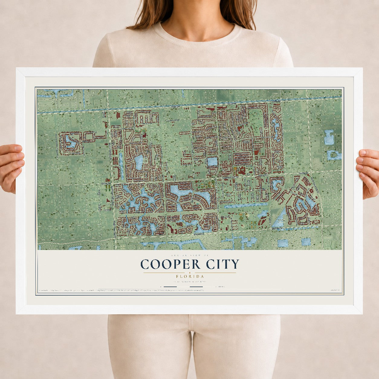 Cooper City, Florida map print, 18" x 24" W/ White Ayous Wood Frame mockup