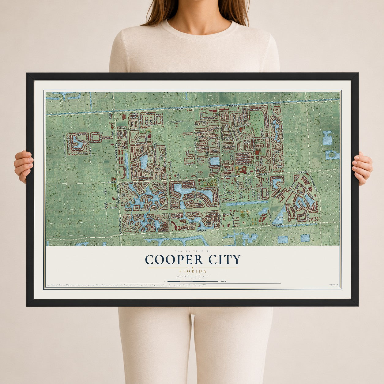 Cooper City, Florida map print, 24" x 36" W/ Black Ayous Wood Frame mockup