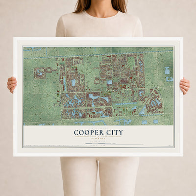 Cooper City, Florida map print, 24" x 36" W/ White Ayous Wood Frame mockup