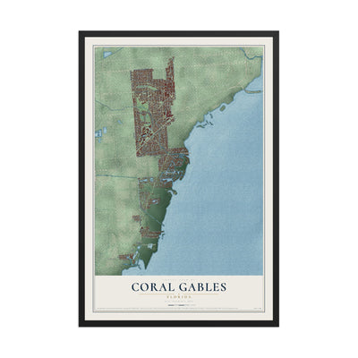 Coral Gables, Florida map print, 12" x 18" W/ Black Ayous Wood Frame mockup