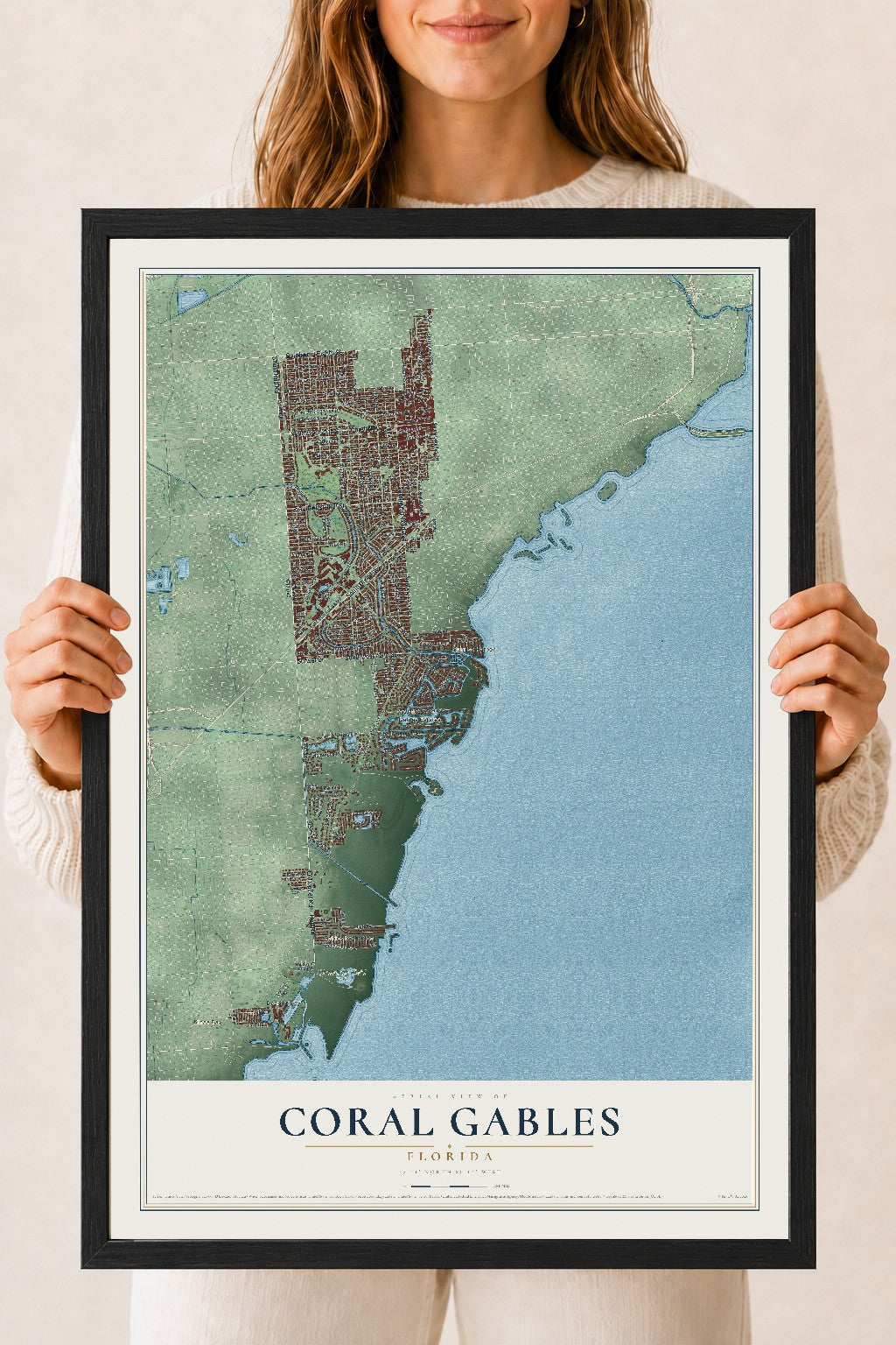 Coral Gables, Florida map print, 18" x 24" W/ Black Ayous Wood Frame mockup