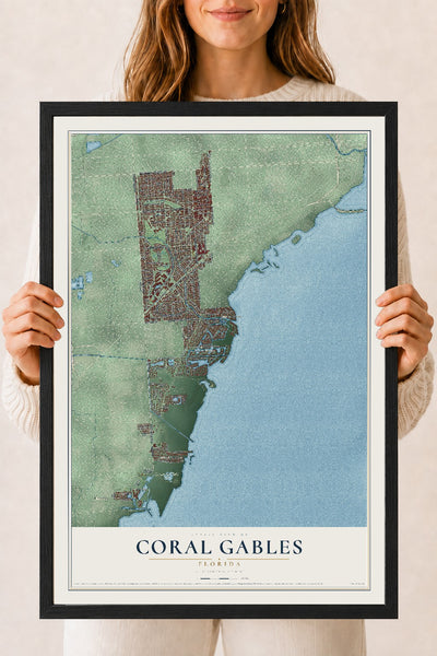 Coral Gables, Florida map print, 18" x 24" W/ Black Ayous Wood Frame mockup