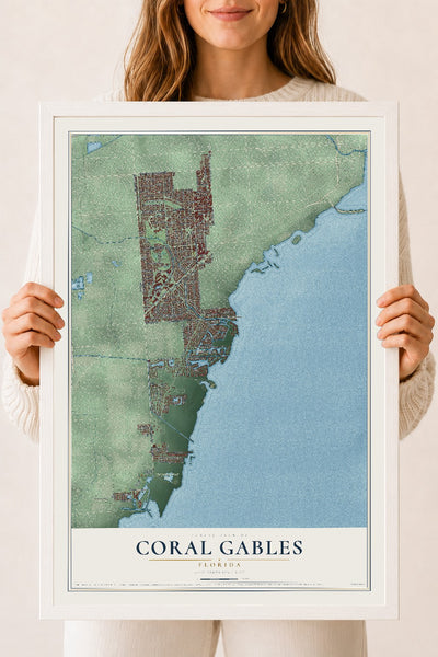 Coral Gables, Florida map print, 18" x 24" W/ White Ayous Wood Frame mockup