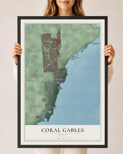 Coral Gables, Florida map print, 24" x 36" W/ Black Ayous Wood Frame mockup