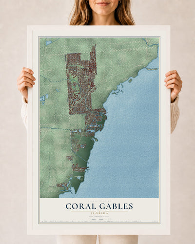 Coral Gables, Florida map print, 24" x 36" W/ White Ayous Wood Frame mockup