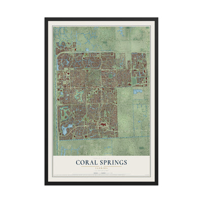 Coral Springs, Florida map print, 12" x 18" W/ Black Ayous Wood Frame mockup