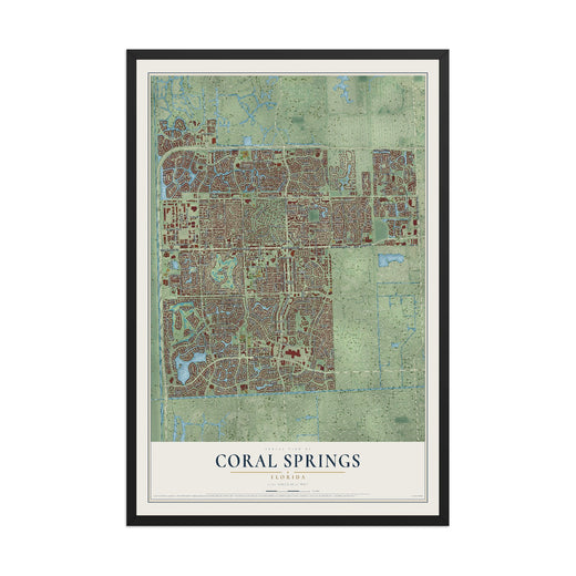 Map of Coral Springs, Florida, 12 x 18 inch print in a black wood frame
