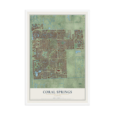 Coral Springs, Florida map print, 12" x 18" W/ White Ayous Wood Frame mockup