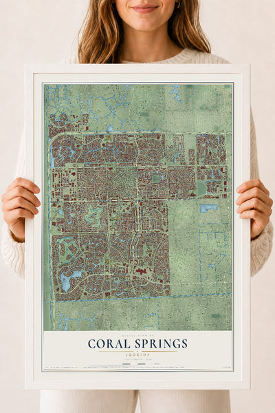 Coral Springs, Florida map print, 18" x 24" W/ White Ayous Wood Frame mockup