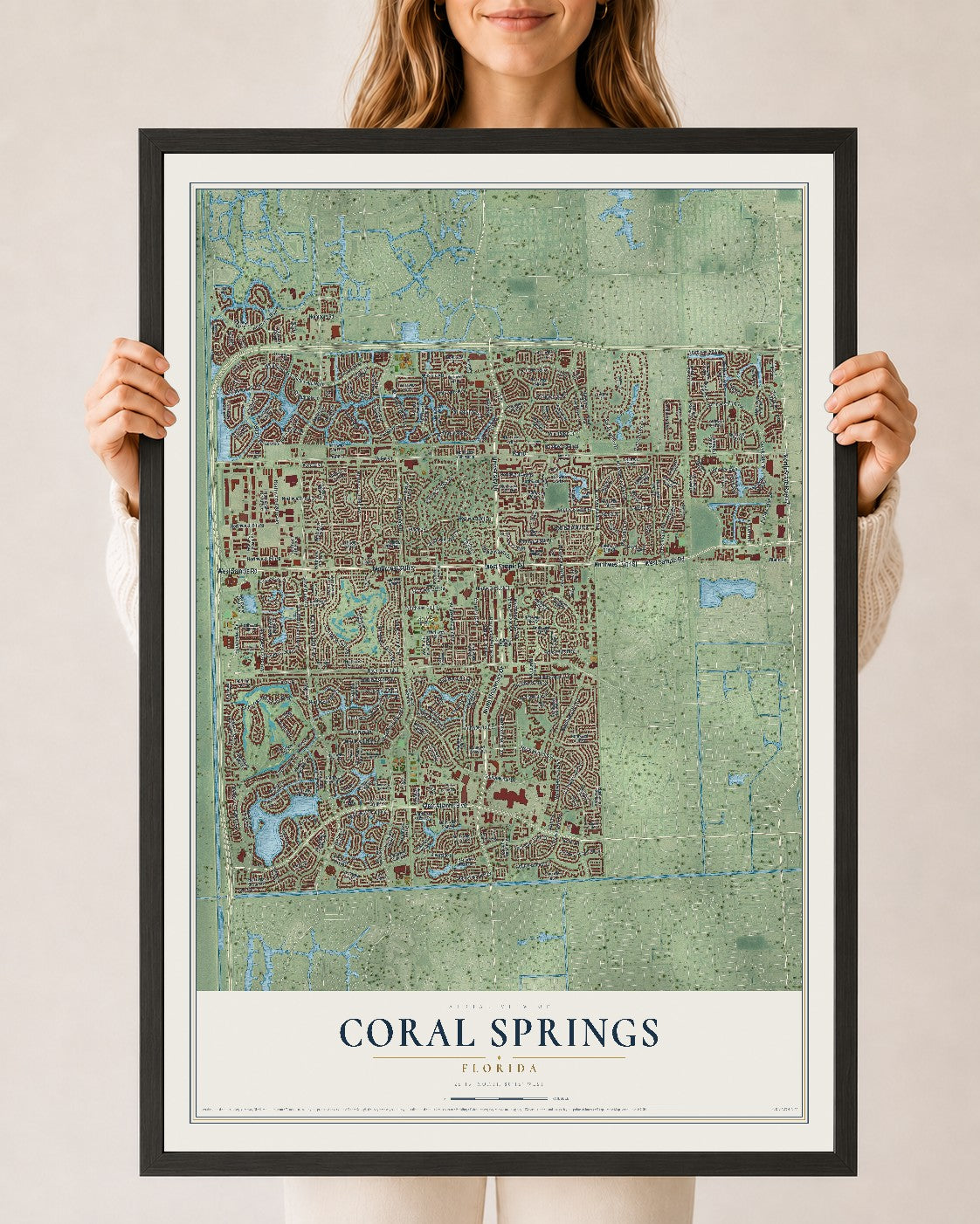 Coral Springs, Florida map print, 24" x 36" W/ Black Ayous Wood Frame mockup