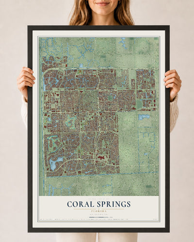 Coral Springs, Florida map print, 24" x 36" W/ Black Ayous Wood Frame mockup