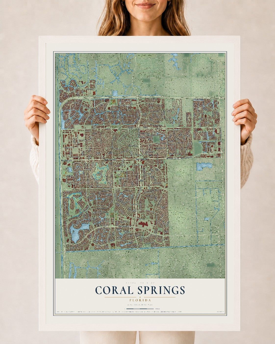 Coral Springs, Florida map print, 24" x 36" W/ White Ayous Wood Frame mockup