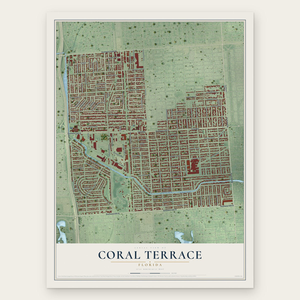 Coral Terrace, Florida map print, the full design