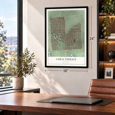 Coral Terrace, Florida map, 18 x 24 inch print in a black frame in a home office