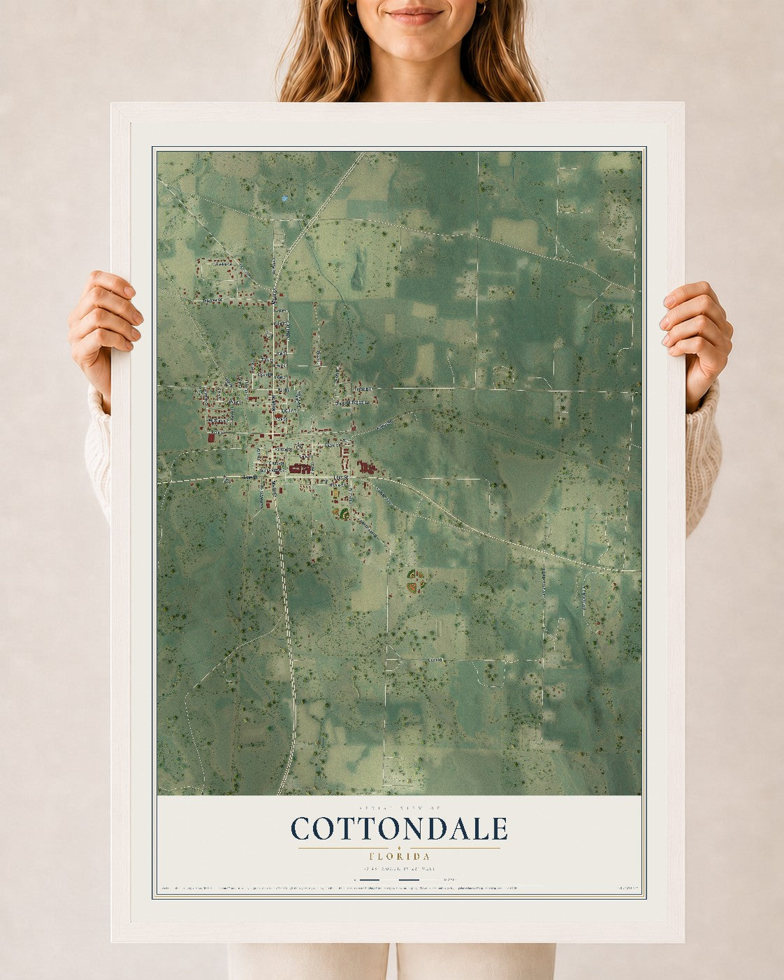 Cottondale, Florida map print, 24" x 36" W/ White Ayous Wood Frame mockup