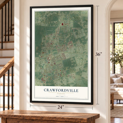 Crawfordville, Florida map, 24 x 36 inch print in a black frame by a staircase