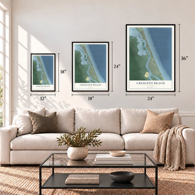 Crescent Beach, Florida map in 12 x 18, 18 x 24 and 24 x 36 inch sizes above a sofa